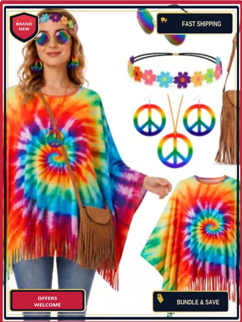 6PC Hippie Costume Set Poncho Fringe Bag Retro 70s Party